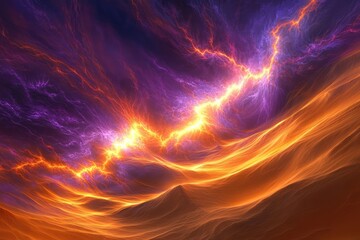 Fiery orange and purple lightning strikes across a dynamic, undulating landscape.