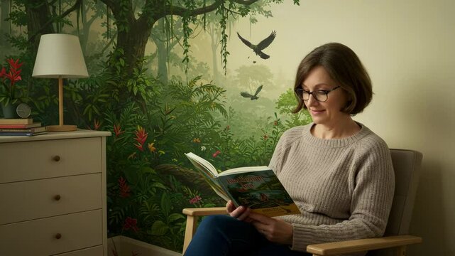 Woman reading book as magical forest world comes to life around her &ndash; cinematic concept video