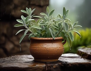 Regennasser handget&ouml;pferter Blumentopf mit frischem Salbei auf einer Steinmauer im Garten