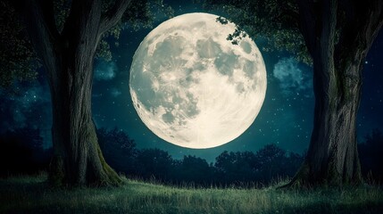 Fototapeta premium Majestic Full Moon Night Scene with Trees