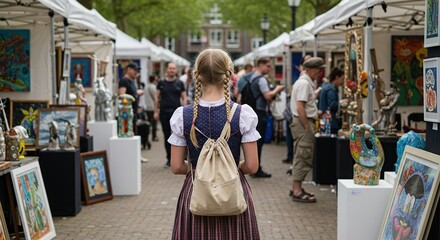 Obraz premium Woman Browsing Art at Outdoor Fair with Many People in the Background Enjoying Artistic Display and Social Gathering for Creative Inspiration and Cultural Exchange