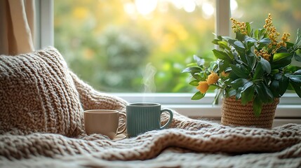 Obraz premium Cozy Corner: A warm and inviting scene, featuring a comfortable window seat adorned with a soft pillow, a woven blanket, a blossoming plant, and a pair of mugs.