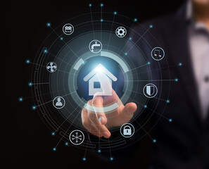 Futuristic technologies concept. Collage with male hand pushing SMART HOME pictogram on imaginary...