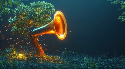 Digital tree growing from a glowing megaphone base