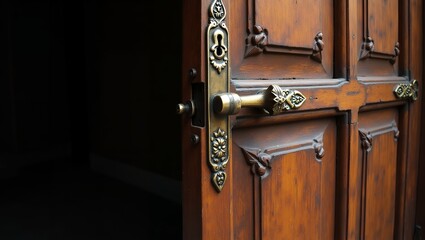 Close-Up of Vintage Wooden Door with Ornate Brass Doorknob

