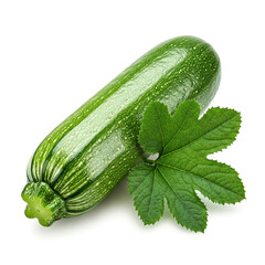 Fresh zucchini with vibrant green leaves resting on a white surface