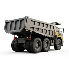 Heavy construction truck parked at a construction site during daylight hours with clear blue sky