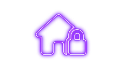 Neon outline of a house with a padlock symbol, representing home security, Neon house lock icon glow with transparent background