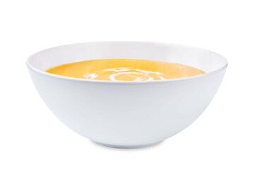 Pumpkin soup in a bowl on a white isolated background