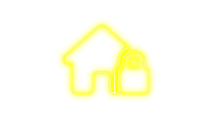 Neon outline of a house with a padlock symbol, representing home security, Neon house lock icon glow with transparent background