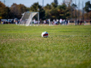 Soccer ball in the middle of a grassy field on a hot summer day with a blurred background of a group of people.