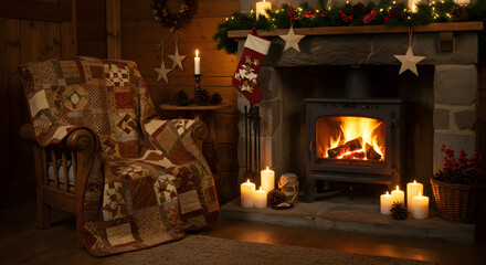Cozy Christmas Evening Beside a Warm Fireplace with Rustic Decorations