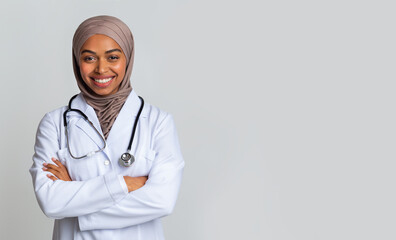 Medical Internship For Islamic People. Portrait Of Happy Black Muslim Female Doctor Student In...