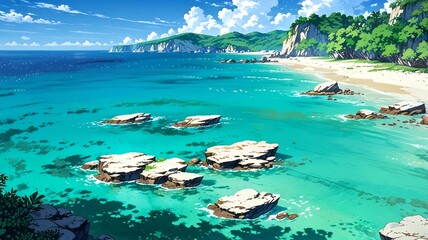 Obraz premium Vibrant Digital Illustration of Tropical Beach with Turquoise Waters