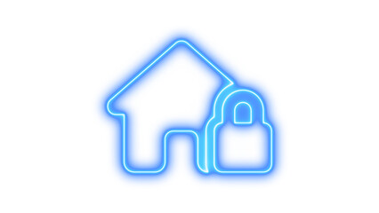 Obraz premium Neon outline of a house with a padlock symbol, representing home security, Neon house lock icon glow with transparent background