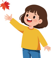 Child playing with red autumn maple leaf wearing yellow shirt and blue jeans vector illustration 