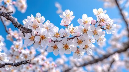 Obraz premium Blooming Almond Blossoms Against a Blue Sky