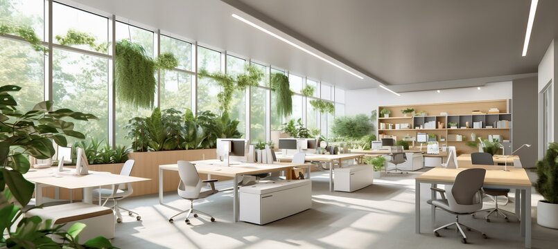 Architectural workspace designed team collaboration featuring open plan office modular furniture integrated greenery color scheme includes calming gray pop of vibrant color energize creativity design