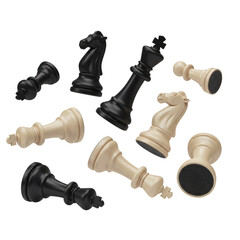Scattered chess pieces featuring kings, queens, and knights in disarray on plain setting isolated on transparent background