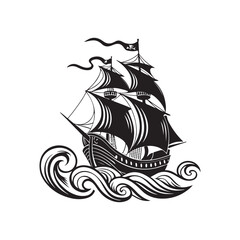 Black Silhouette of a Pirate Ship on Waves