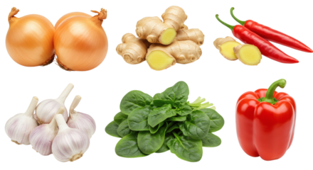 Arrangement of onions, ginger, peppers, garlic, and spinach displayed in a symmetrical manner isolated on transparent background
