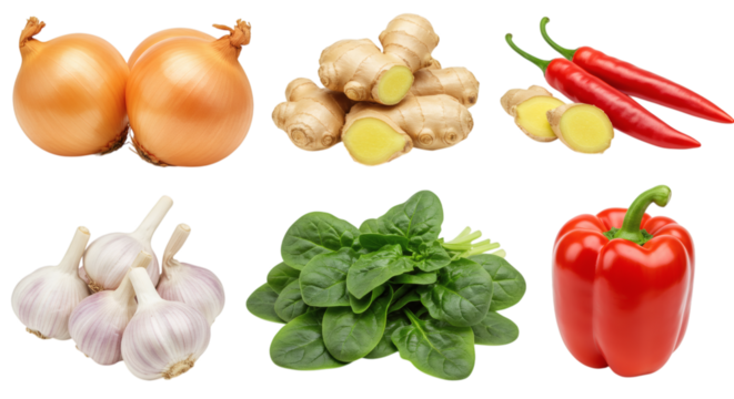 Arrangement of onions, ginger, peppers, garlic, and spinach displayed in a symmetrical manner isolated on transparent background