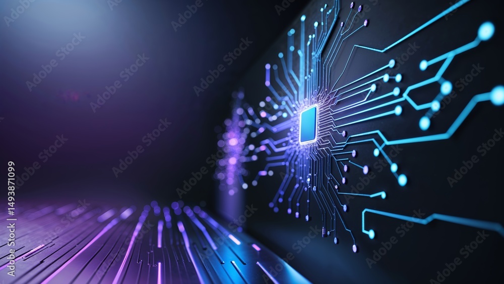 Poster exploring the intricate design of a computer circuit board with glowing connections and vibrant colo
