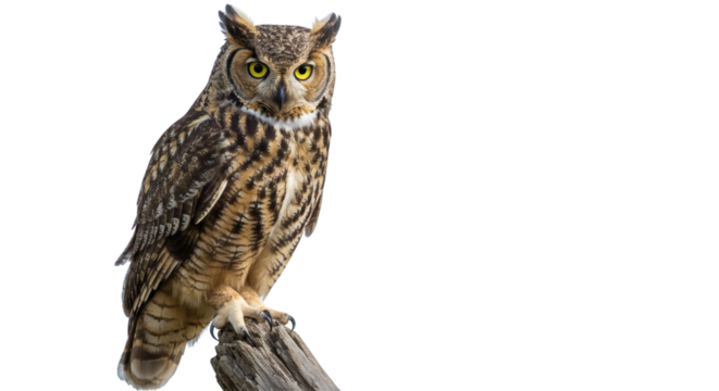 A feathered owl perched atop a weathered branch gazing forward with piercing yellow eyes intently staring isolated on transparent background