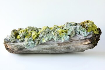 A weathered driftwood log is adorned with vibrant green and grey lichens, creating a stunning natural artwork.