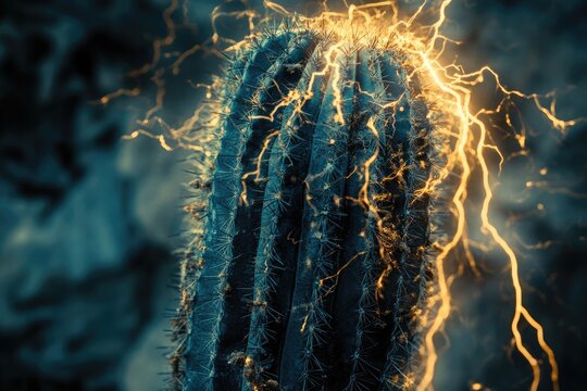 A majestic cactus bathed in golden light, its spines radiating energy, a surreal desert scene.
