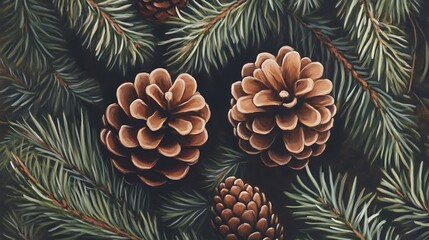 Fototapeta premium Close-up view of pine cones and evergreen branches.
