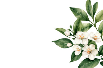 Fototapeta premium White flower with green leaves is the main focus of the image, isolated