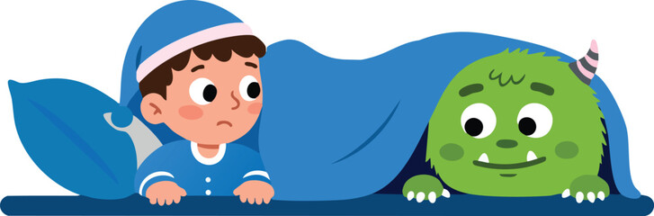 Boy in blue pajamas hiding under blanket with friendly green monster cartoon vector illustration 