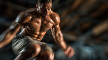 Highintensity workout muscular man jumping fitness training athletic body motion blur gym