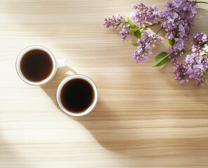 Serene Morning Coffee: Two Cups and Lilac Blossoms