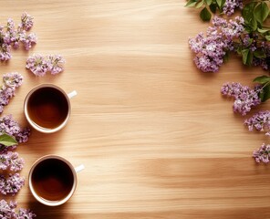 Lilac Blossoms and Teacups: A Serene Wooden Tabletop Still Life
