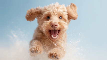 A joyful dog with fluffy fur runs through a sunny landscape, capturing a moment of pure happiness while enjoying outdoor playtime