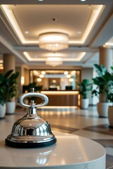 Modern Hotel Lobby with Polished Service Bell on Reception Desk

