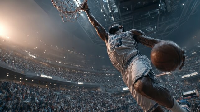 Exciting Basketball Slam Dunk Action Shot in Arena