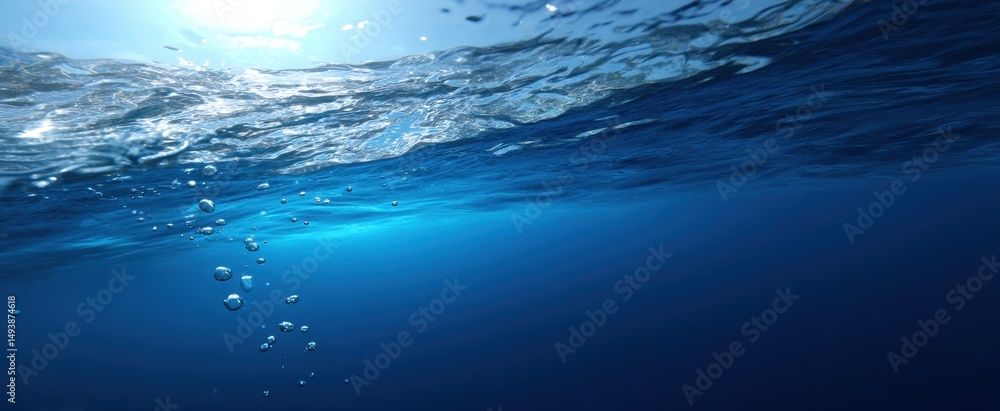 Poster the tranquil underwater scenery with sunlight and bubbles creating a serene atmosphere.