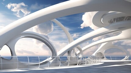 Fototapeta premium Cloud inspired architectural design reflecting fluidity softness structure us curved line light airy material palette of white light gray subtle blue design capture essence of cloud blending