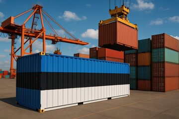 Estonian-flagged container being handled at a large shipping port, symbolizing Baltic trade, export, and global logistics. Estonia shipping container at busy port

