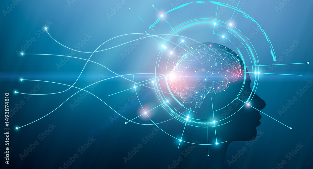 Poster modern science and technologies, artificial intelligence concept. human brain in synthetic body, fre