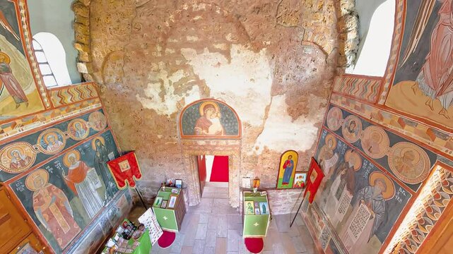 Sisevac, Serbia, Sept 3,2024: aerial view illuminating top view inside the church of Sisojevac monastery of sisevac village in Serbia, adorned with vibrant religious paintings