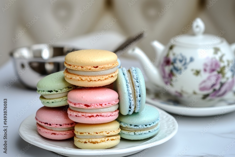 Poster a colorful stack of macarons sits on a pristine white porcelain plate, surrounded by a charming tea 