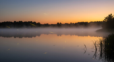 Fototapeta premium Golden Hour Over Serene Lake With Mystical Fireflies In The Twilight