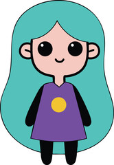 Cute cartoon girl with long turquoise hair wearing purple dress with yellow circle vector illustration 