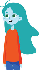 Young girl with teal hair wearing orange sweater and blue pants cartoon character illustration