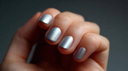 Close-up of a person's hand with their fingers slightly spread apart. the nails are painted with a metallic silver polish, giving them a shiny and shiny appearance.