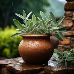 Regennasser handget&ouml;pferter Blumentopf mit frischem Salbei auf einer Steinmauer im Garten